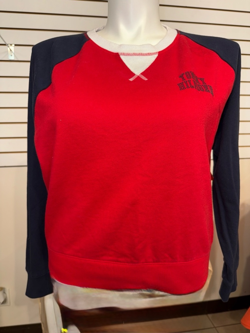 Tommy Hilfiger Red and Navy Raglan Crewneck Sweatshirt